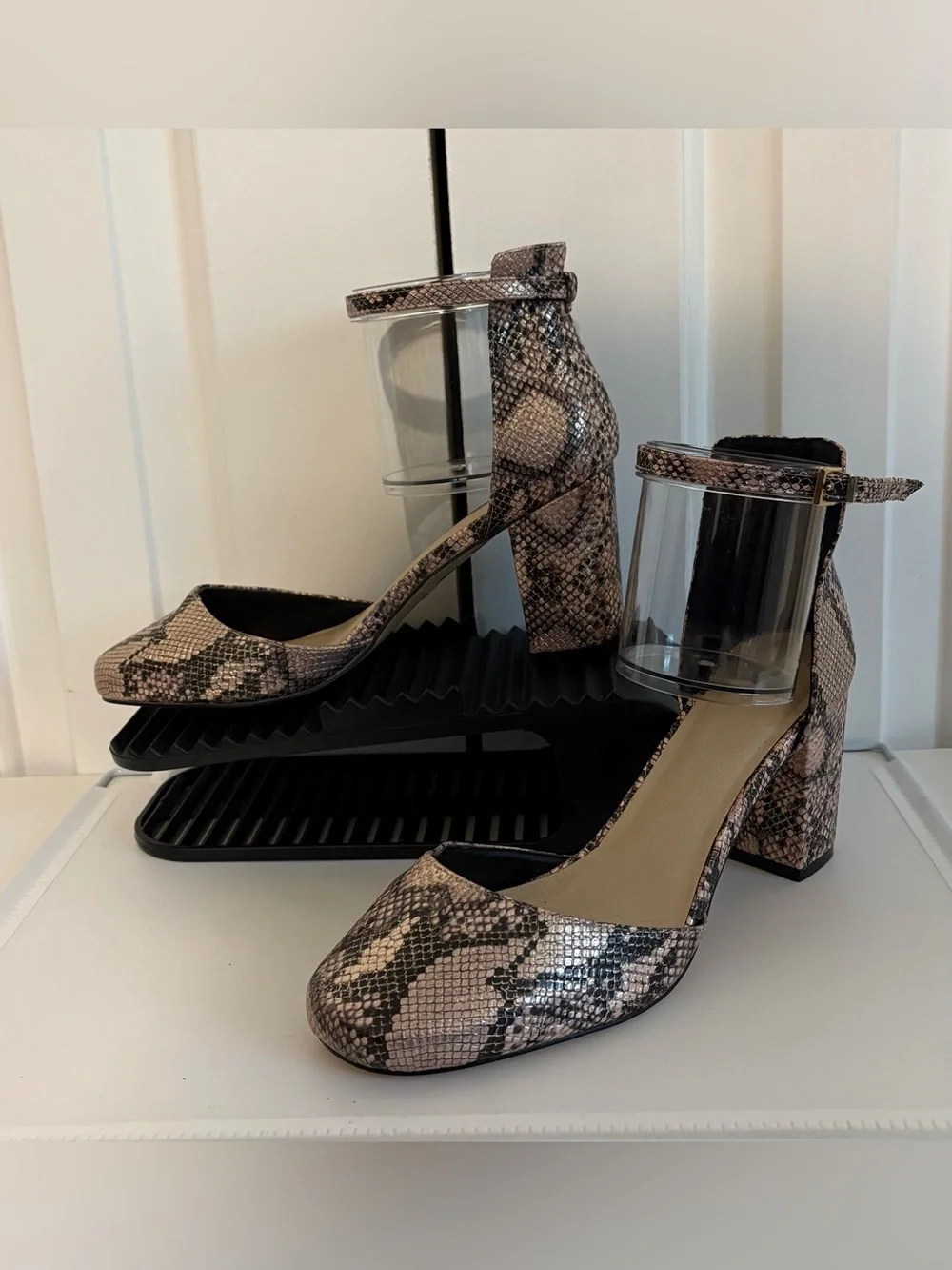 ASOS, Pink & Black Snake-Print Block Heel Round Toe Shoes with Ankle Strap